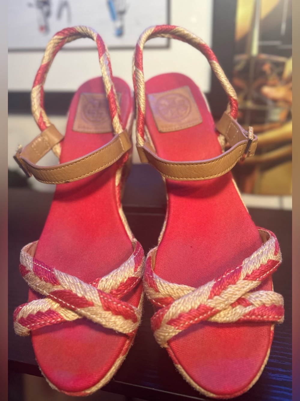 Tory Burch Red/Pink and Tan Camelia Espadrille Wedge Sandals - Picture 7 of 10